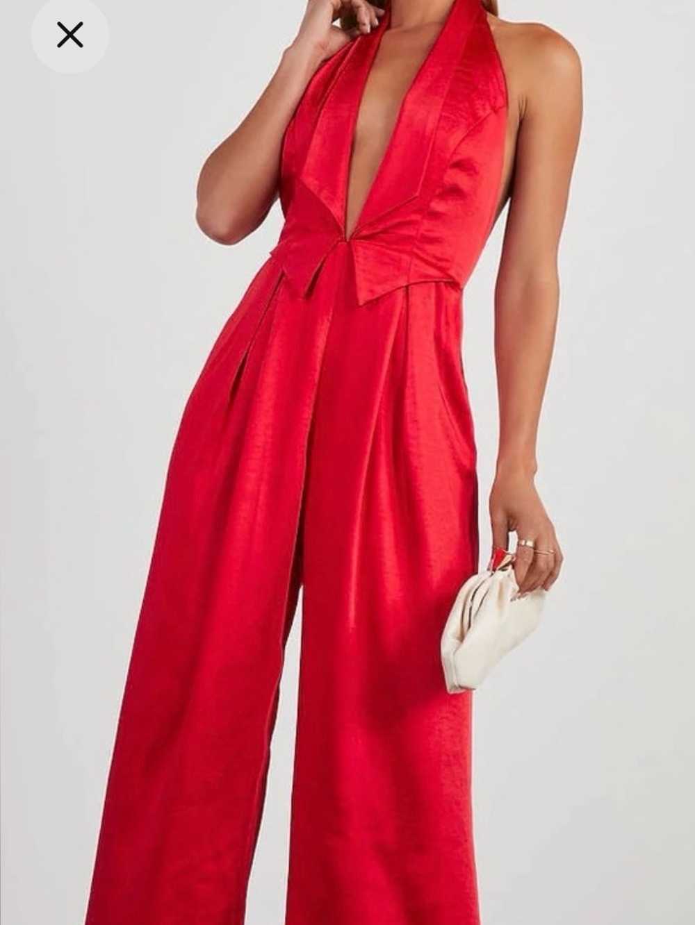 Deep V Red Halter Wide-Leg Jumpsuit